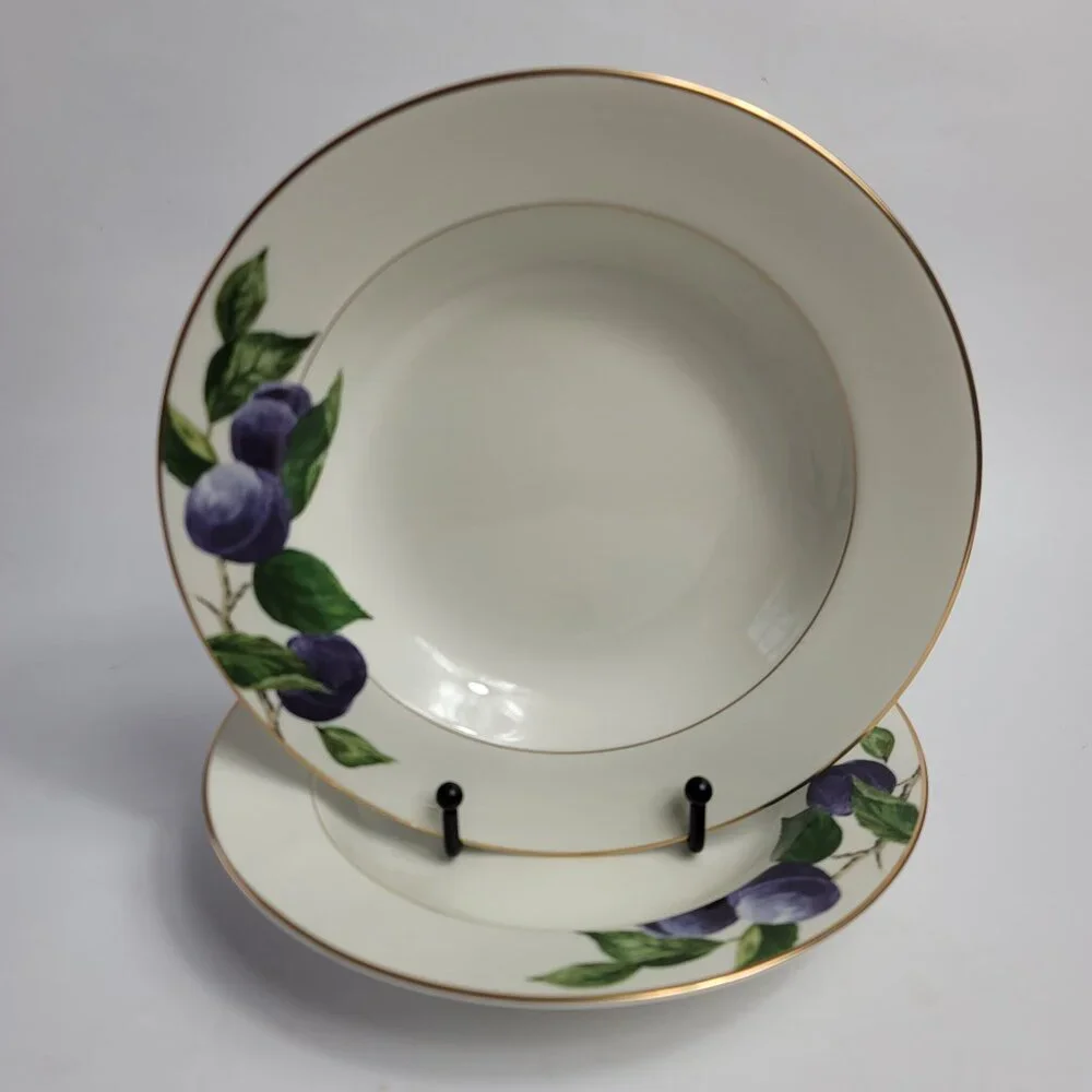TWO Mikasa Plum L3132 Court Rim Soup Bowls White with Purple Plums Green Leaves